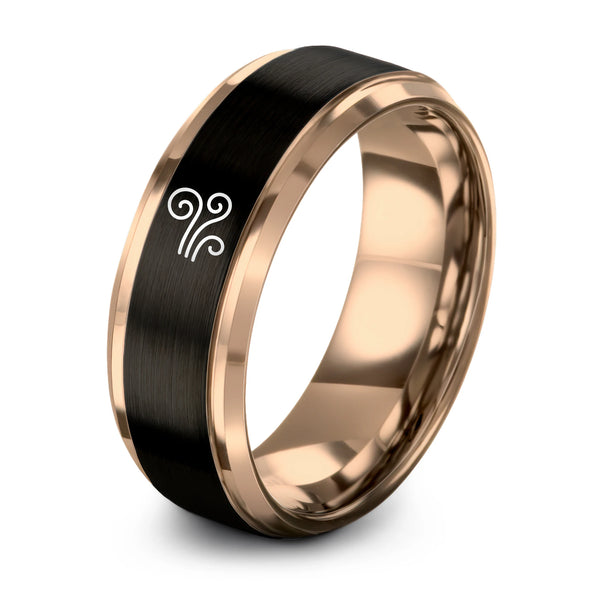 Wind Swirls – Tungsten Wedding Band, 8 mm, Black, Rose Gold Comfort-Fit Unisex
