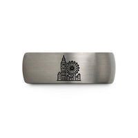 engraved rings for women – blue & gray tungsten london skyline wedding band