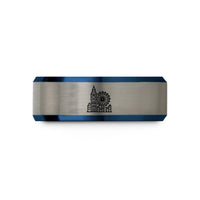 engraved rings for women – blue & grey tungsten london skyline wedding band