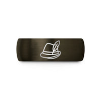 unique promise band – gunmetal & rose gold tungsten alpine hat feather wedding band