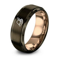 best anniversary rings – gunmetal & rose gold tungsten alpine hat feather ring