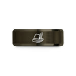 unique promise band – gunmetal & rose gold tungsten alpine hat feather wedding band