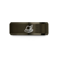 unique promise band – gunmetal & rose gold tungsten alpine hat feather wedding band