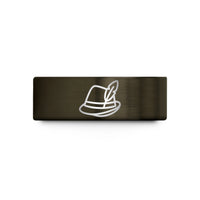 couples wedding band – gunmetal & rose gold tungsten alpine hat feather wedding band