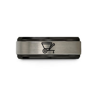 engraved rings for men – black & gray tungsten grain cart wedding band