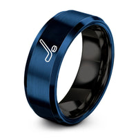men's comfort fit ring – black & blue tungsten hockey stick puck ring