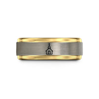 men’s wedding band styles – black & gold & gray tungsten church silhouette wedding band
