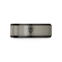 engraved rings for couples – black & silver tungsten poppy single bloom wedding band