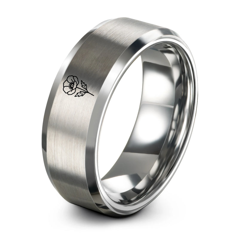 Poppy Single Bloom – Tungsten Wedding Band, 8 mm, Silver Comfort-Fit Unisex
