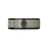 men's engraved wedding band – black & blue & gray tungsten spoked wheel wrench wedding band