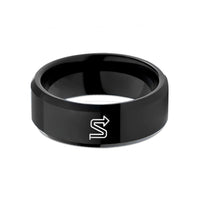 custom rings for couples – black tungsten switchback symbol arrow wedding band