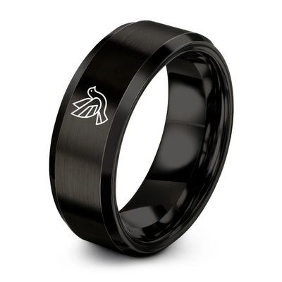 Abstract Dove Flight – Tungsten Wedding Band, 8 mm, Black Comfort-Fit Unisex