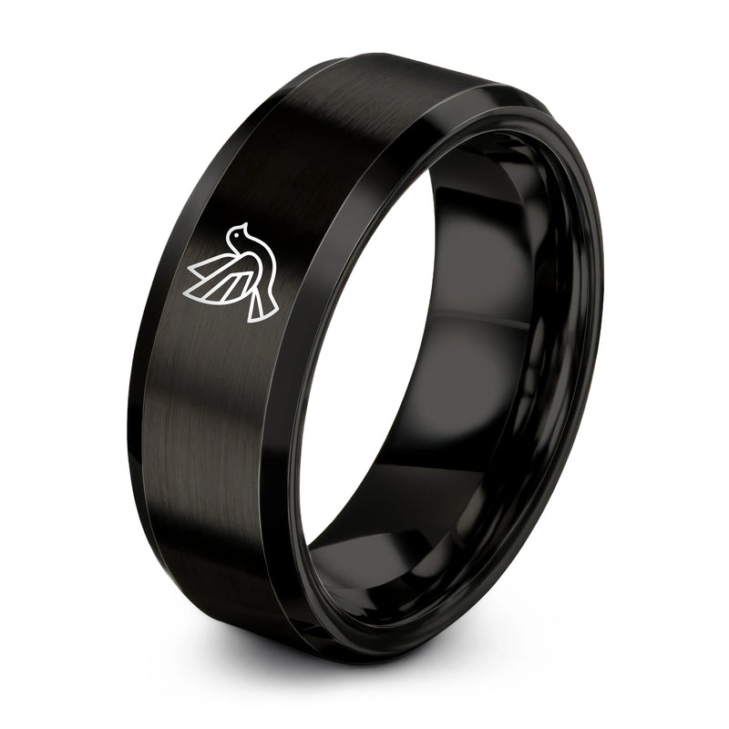 Abstract Dove Flight – Tungsten Wedding Band, 8 mm, Black Comfort-Fit Unisex
