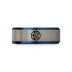 custom engraved rings – blue & silver tungsten globe wedding band