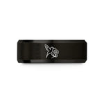unique wedding ring sets – black tungsten hummingbird silhouette blossom wedding band