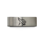 unique wedding ring sets – grey tungsten hummingbird silhouette blossom wedding band