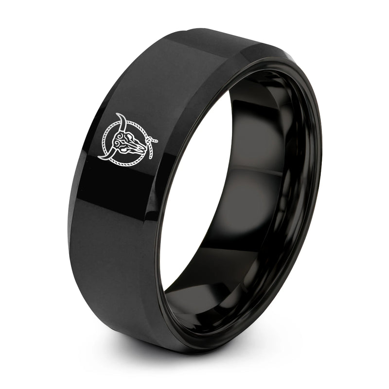 Bull Skull Lasso – Tungsten Wedding Band, 8 mm, Black Comfort-Fit Unisex