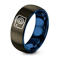 Gift for Friend Woman – gunmetal & blue tungsten depth camera icon ring