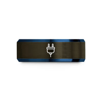 engraved ring for friend – gunmetal & blue tungsten power plug wedding band