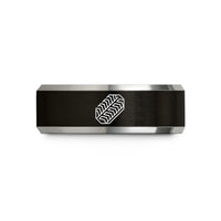 personalized rings for her – black & grey tungsten bog tracks wedding band