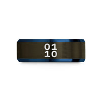 engraved ring for wife – gunmetal & blue tungsten binary 0101 pattern wedding band