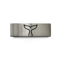 engraved ring for wife – blue & silver tungsten whale tail wedding band