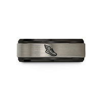 unisex tungsten wedding band – black & blue & silver tungsten wings running shoe wedding band