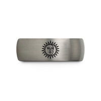 custom engraved wedding ring – gold & grey tungsten sun moon wedding band