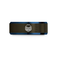 engraved presents for her – gunmetal & blue tungsten space marine helmet wedding band