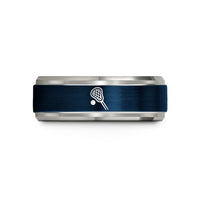 engraved rings for guys – blue & grey tungsten lacrosse ball stick wedding band