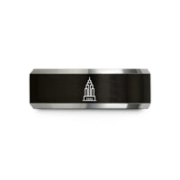 engraved rings for men – black & grey tungsten skyscraper wedding band