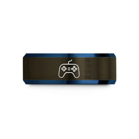 Personalized rings for couples – gunmetal & blue tungsten gamepad retro wedding band