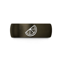 rings for happy partners – gunmetal & black tungsten orange slice wedding band