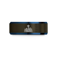 best presents for her – gunmetal & blue tungsten seattle skyline wedding band