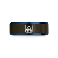 cool presents for dudes – gunmetal & blue tungsten sailboat stamp wedding band
