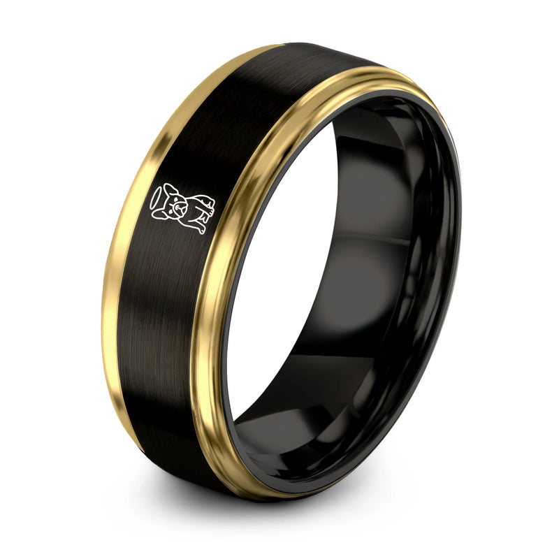 French Bulldog Halo – Tungsten Wedding Band, 8 mm, Gold, Black Comfort-Fit Unisex