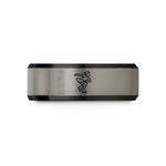 custom engraved bands – black & blue & silver tungsten artistic skater spin wedding band