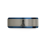 engraved rings for women – black & blue & gray tungsten lighthouse on cliff wedding band