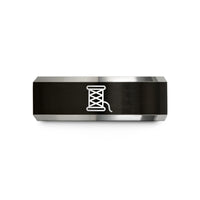 engraved rings for women – black & gray tungsten spool of thread wedding band