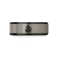 unique wedding bands men – black & gray tungsten pirate ship silhouette wedding band