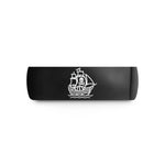engraved rings for men – black tungsten pirate ship silhouette wedding band