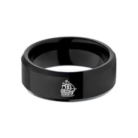 engraved rings for men – black tungsten pirate ship silhouette wedding band