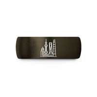 personalized presents for friends – gunmetal & blue tungsten shanghai skyline wedding band