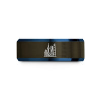 personalized presents for friends – gunmetal & blue tungsten shanghai skyline wedding band