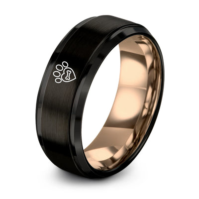 Bone Heart – Tungsten Wedding Band, 8 mm, Rose Gold, Black Comfort-Fit Unisex