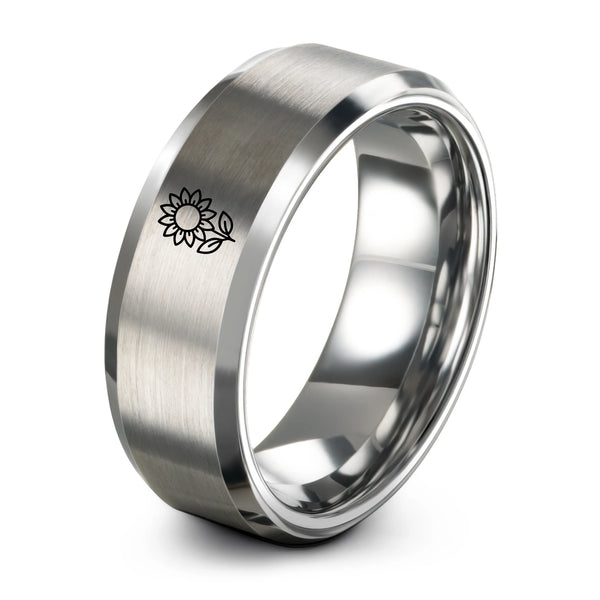 Sunflower Single Bloom – Tungsten Wedding Band, 8 mm, Gray Comfort-Fit Women
