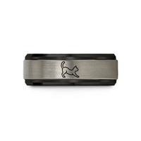 personalized bands for him – black & grey tungsten stretching cat wedding band