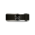 engraved rings for men – black & grey tungsten stretching cat wedding band