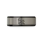 engraved rings for men – black & gray tungsten stretching cat wedding band
