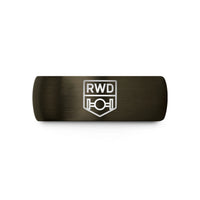 tungsten rings for men – gunmetal & black tungsten rwd badge wedding band